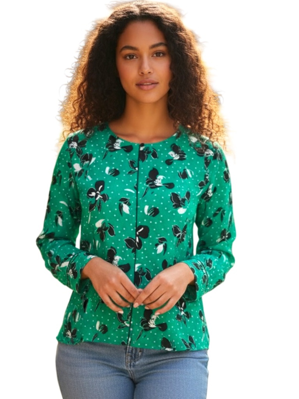 Gerry Weber Green/White/Black Floral Print Long Sleeve Blouse Top (US L/EU 44)